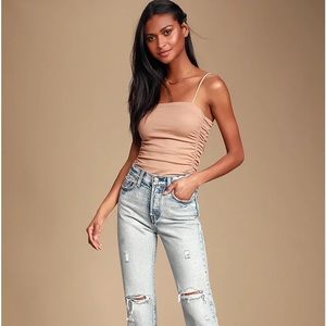 Free People: On Your Side Nude Ruched Bodysuit - Size Small